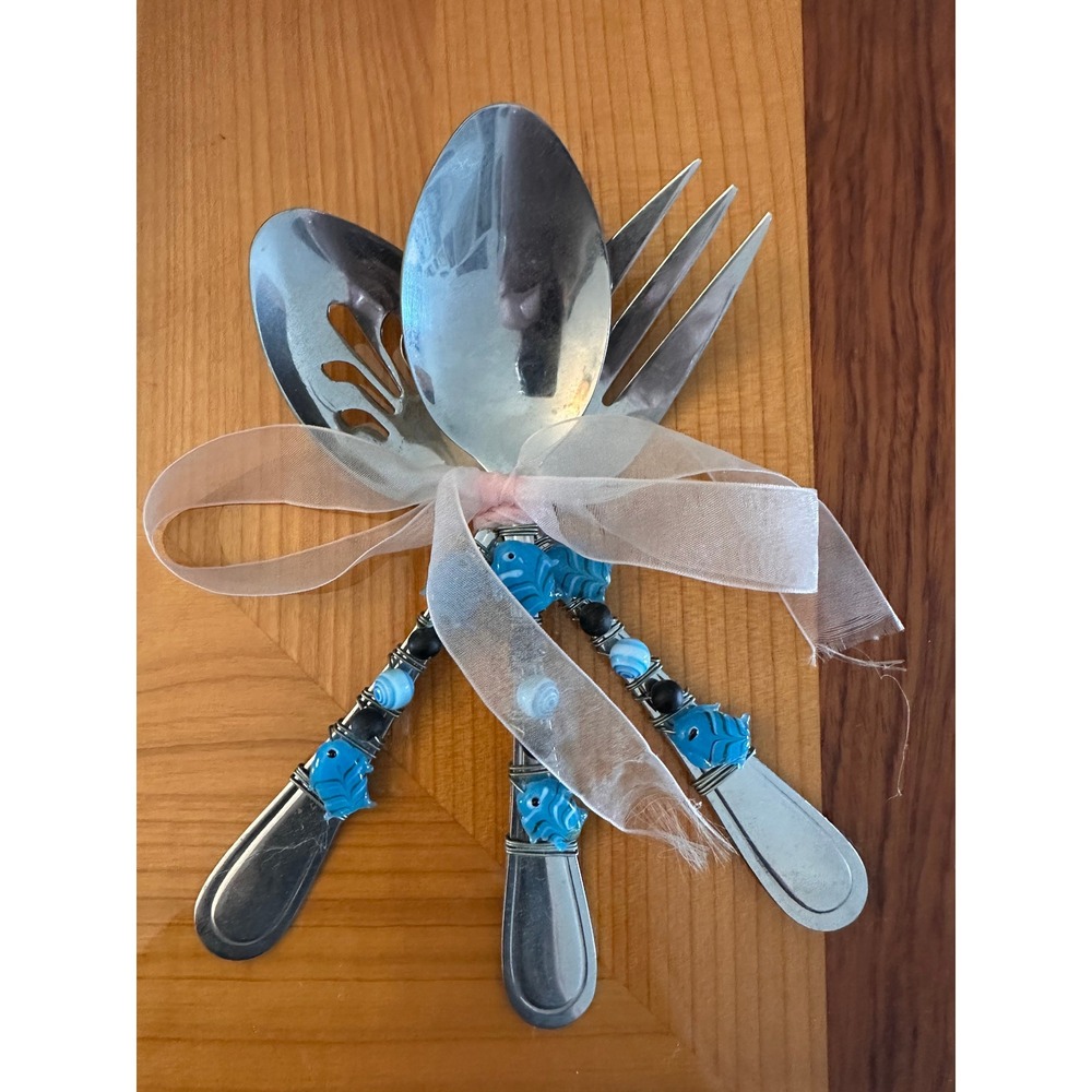 Handmade Beaded Serving‎ Set Stainless Steel 3pc Blue Fish Wire Wrapped Coastal